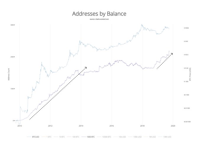 Willy Woo tweetje a bitcoin tárcák egyenlegének növekedéséről.