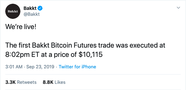 Tweet a BAKKT futures indulásáról.