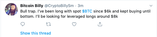 Bitcoin Billy twitter bejegyzése a bitcoin árfolyamról.