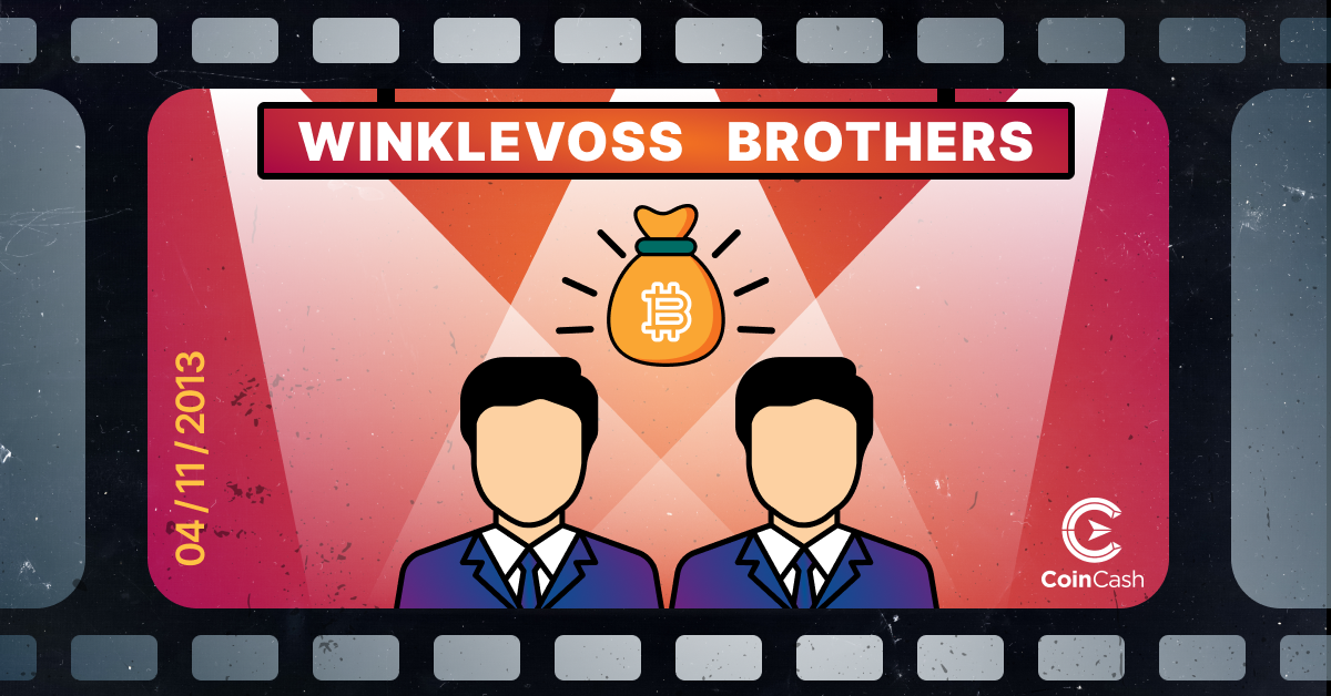 The Winklevoss brothers with a bag of Bitcoin above their heads