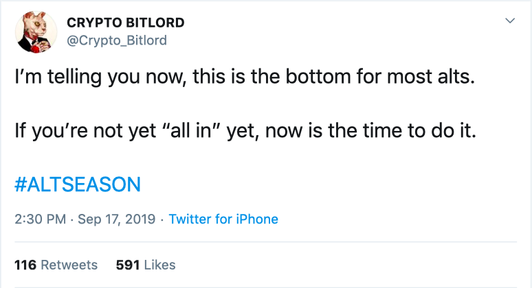 Crypto Bitlord tweetje azt altcoinok emelkedésének kezdetéről.