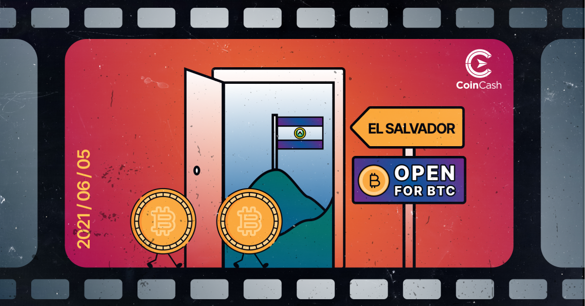Bitcoin coins walk towards an open doorway representing El Salvador, with a sign next to it with the word 