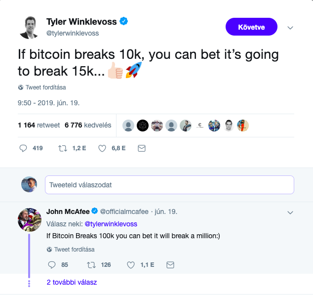 Tyler Winklevoss tweetje a bitcoinról.