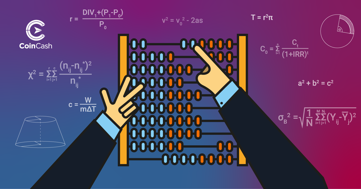 Két kéz egy abakuszon számol, a háttérben matematikai egyenletekkel
