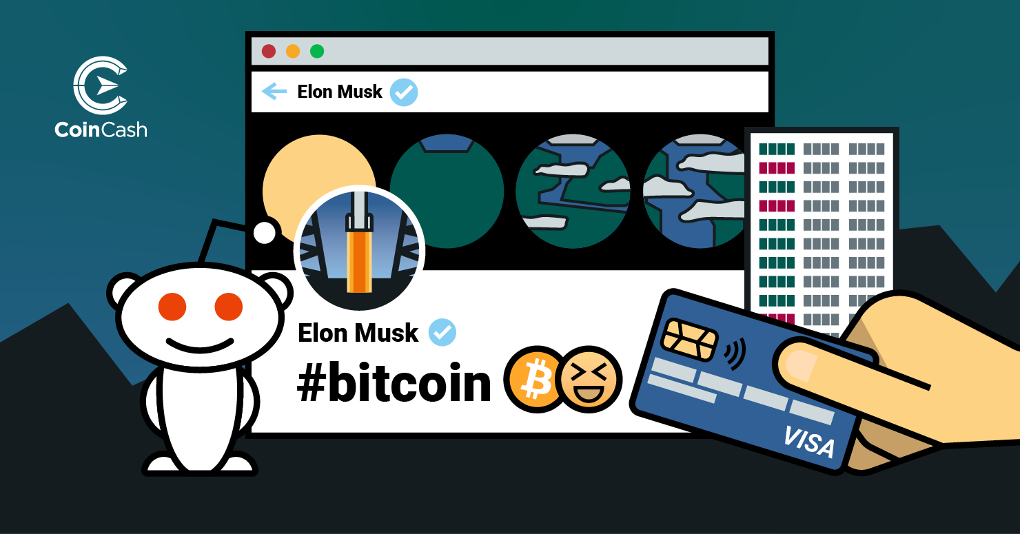Elon Musk Twitter bio-ja #Bitcoin kiírással, profilképén egy felszálló rakétával, a Reddit logója és egy Visa kártya.