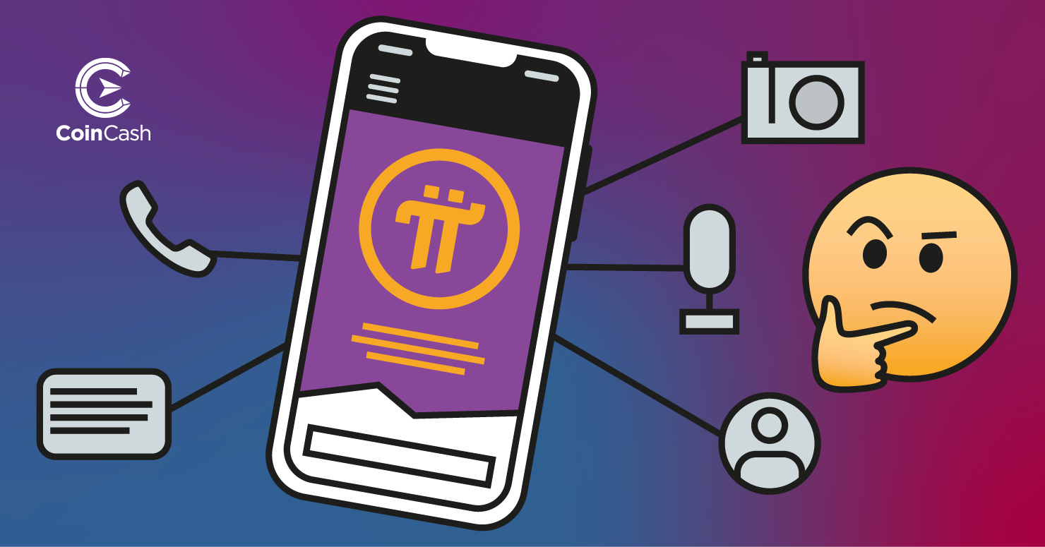 A Pi Network oldalának kezdőfelülete a kriptopénz logójával, a telefonhoz kapcsolódó különböző ikonokkal és mellette egy gondolkodó hangulatjellel.