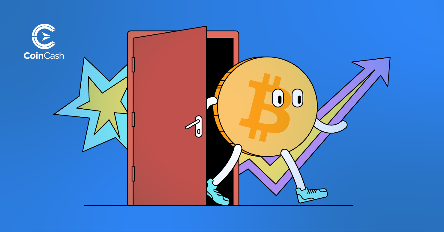 Bitcoin érme jön ki egy ajtón, a háttérben felfelé mutató nyíllal