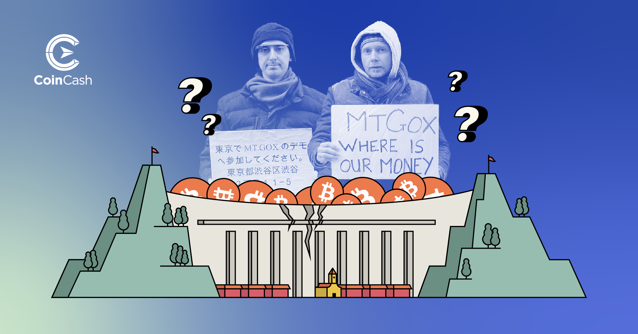 Gát mögé szorult bitcoinok, a háttérben két tüntetővel a Mt. Gox ügy kapcsán.