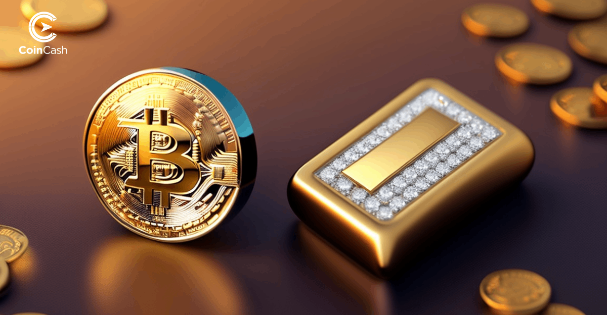 Aranytömb bitcoin logóval és arany érmékkel