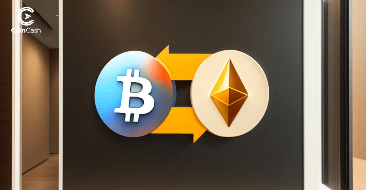 Egy Bitcoin jel egy Ethereum jel mellett, közöttük oda-vissza mutató nyíllal