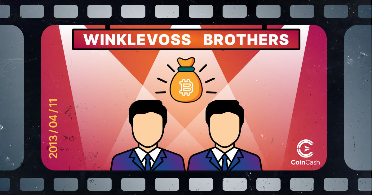 A Winklevoss testvérek felettük egy zsákkal amin a Bitcoin jele van