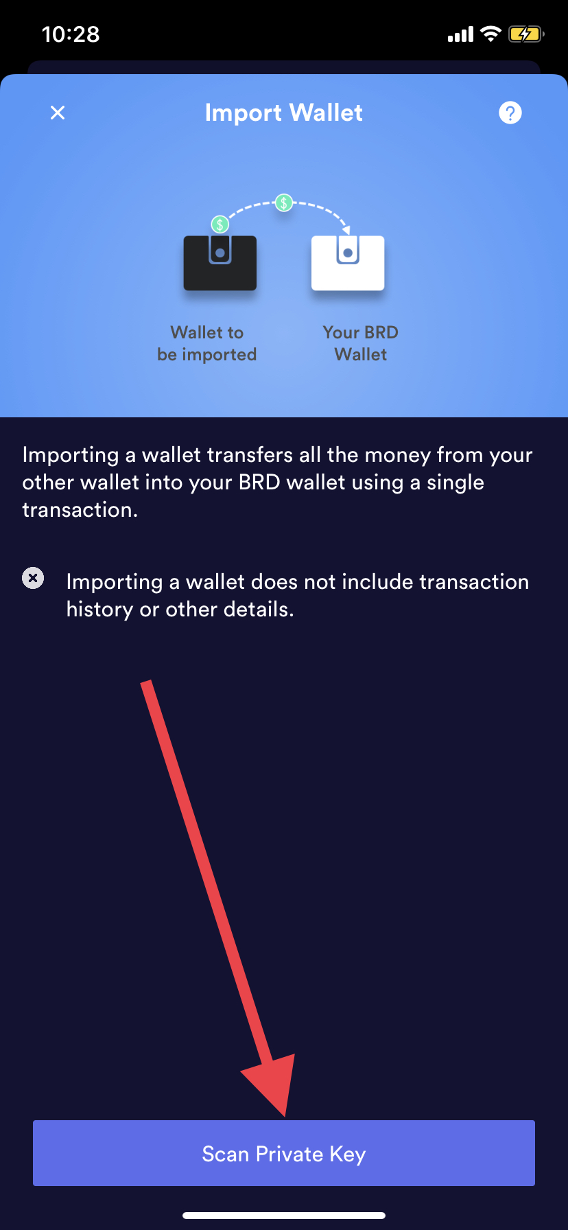 BRD wallet tárca importálásra alkalmas felülete.