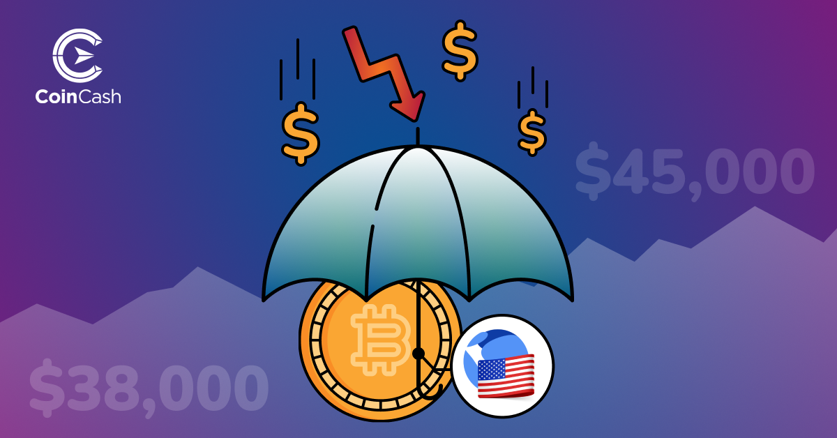 Egy BTC érme és egy amerikai zászló állnak egy esernyő alatt, amely felett esést jelző nyilak, valamint zuhanó dollár jelek vannak, a háttérben a 38 000 és 45 000 dolláros szintekkel 