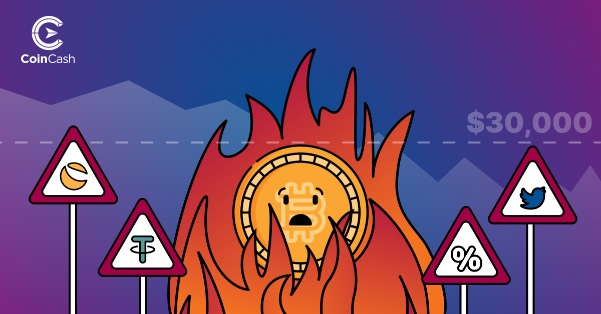 Lángok közt álló aggódó BTC érme a Terra, a Tether és a Twitter jelével figyelmeztető táblákon