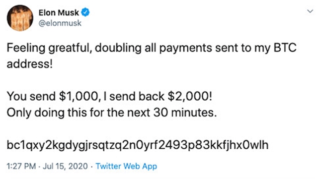 A bitcoin csalók által közzétett Twitter bejegyzés Elon Musk Facebook oldalán