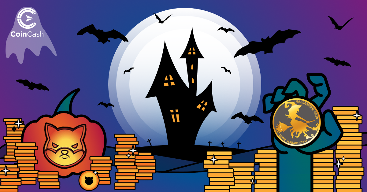 Töklámpások a Spooky SHiba Inu (SPKY) és Halloween Coin (Hallo) jelével, középen egy fekete kísértet járta kastéllyal