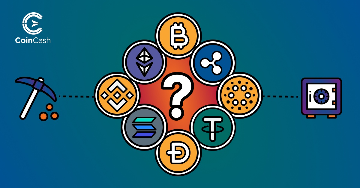 Egy kérdőjel körül a Bitcoin, az Ethereum, a Tether, a Binance Coin, a Dogecoin, a Cardano, a Ripple és a Solana jele, mellette a bányászást és a validálást jelző ikonokkal