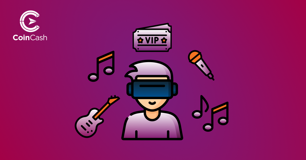 Egy VR szemüveget viselő ember, körülötte hangjegyekkel, koncertjeggyel, gitárral és mikrofonnal