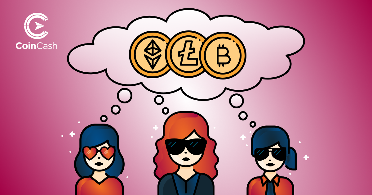 Nők a fejük mellett a Litecoin, a Bitcoin és az Ethereum logóját tartalmazó gondolatbuborékkal