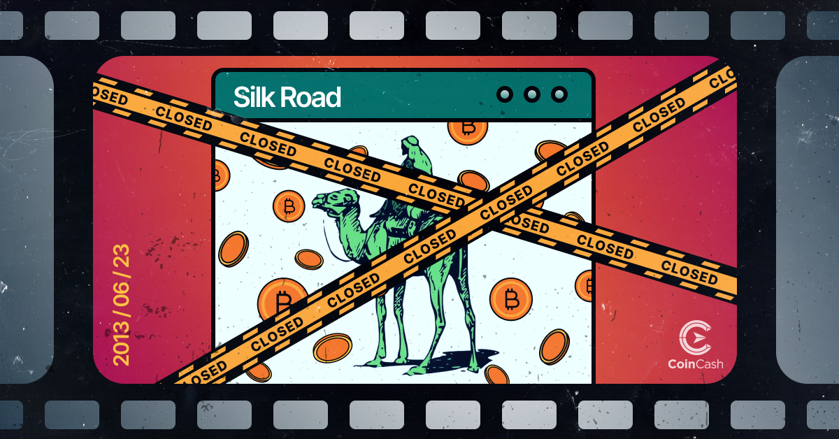 Silk Road táblán BTC érmék és egy tevén utazó férfi, áthúzva 