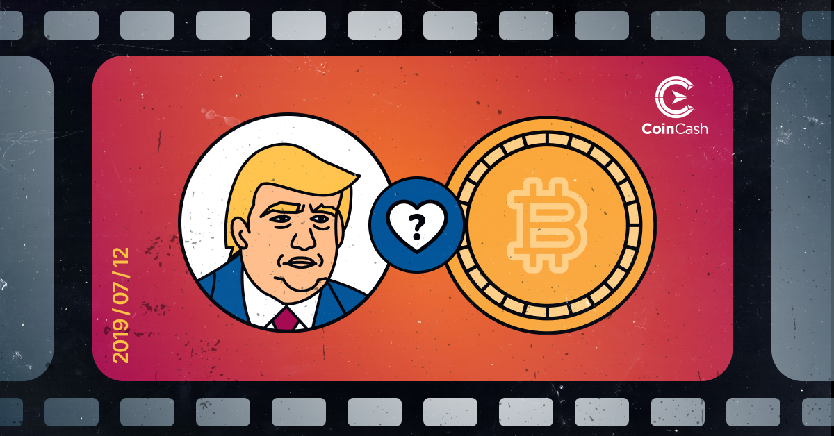 Donald Trump szkeptikusan néz egy BTC érmére, közöttük egy kérdőjel egy szívben