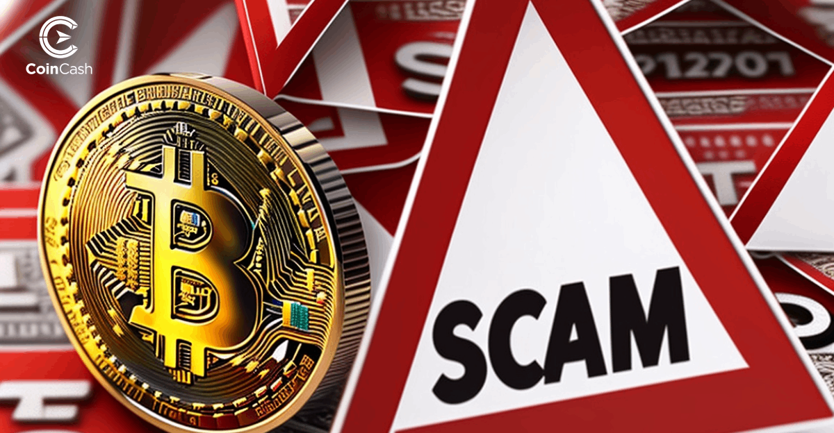 Bitcoin érmék SCAM feliratú figyelmeztető táblák mellett