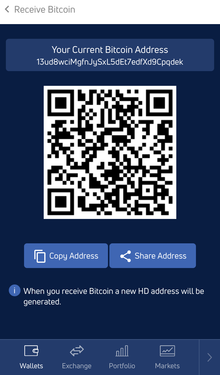 Bitcoin cím egy kriptopénz tárcában.
