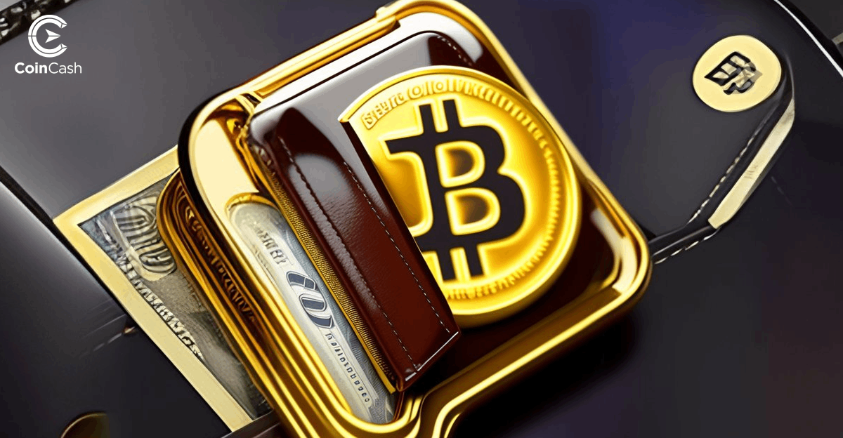 Egy barna bőr pénztárcából félig kilógó Bitcoin érme