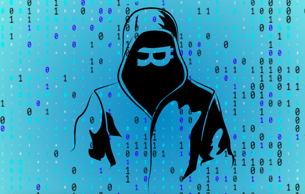 Hacker férfi áll a sötétben, mögötte bináris kód látható. 