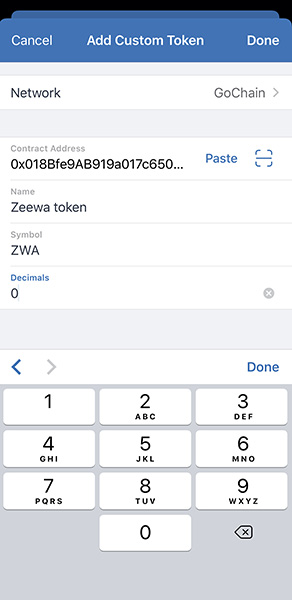 Zeewa token hozzáadása a Go chain network kiválasztásával a Trust kripto tárcában