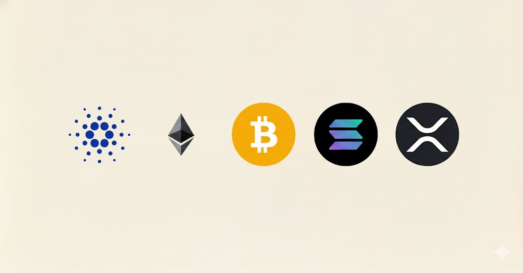Egy kérdőjel körül a Bitcoin, az Ethereum, a Tether, a Binance Coin, a Dogecoin, a Cardano, a Ripple és a Solana jele, mellette a bányászást és a validálást jelző ikonokkal