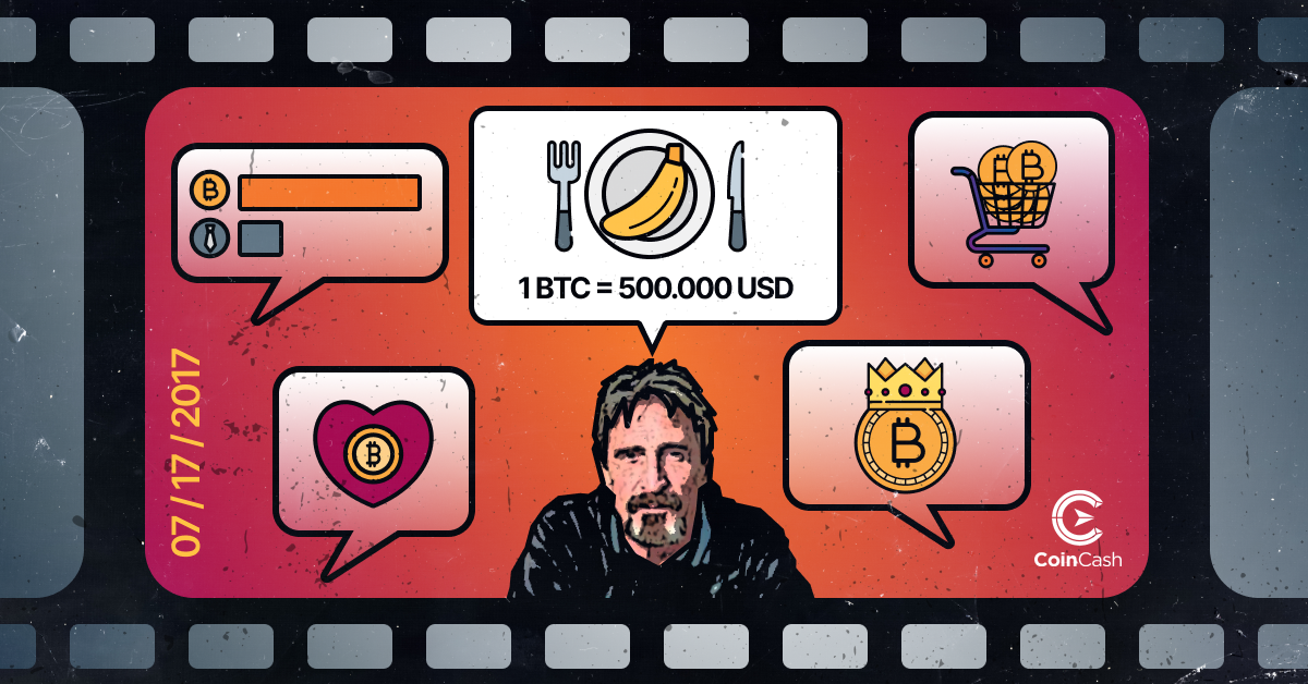 John McAfee in a thought bubble with a banana and cutlery and a $500,000 BTC exchange rate token, surrounded by a shopping cart and BTC coin in a heart, and a BTC with a crown