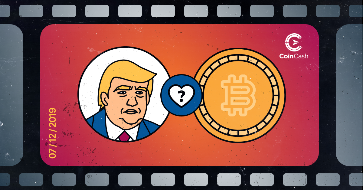 Donald Trump looks sceptically at a BTC coin with a question mark in a heart between them